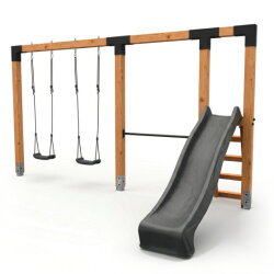 EXIT Linea Robust 110 Balançoire double en bois avec barre fixe et toboggan