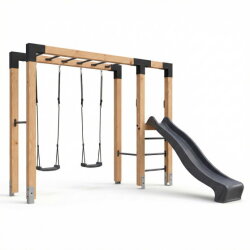 EXIT Linea Robust 110 Barre de singe en bois avec balançoire double et toboggan